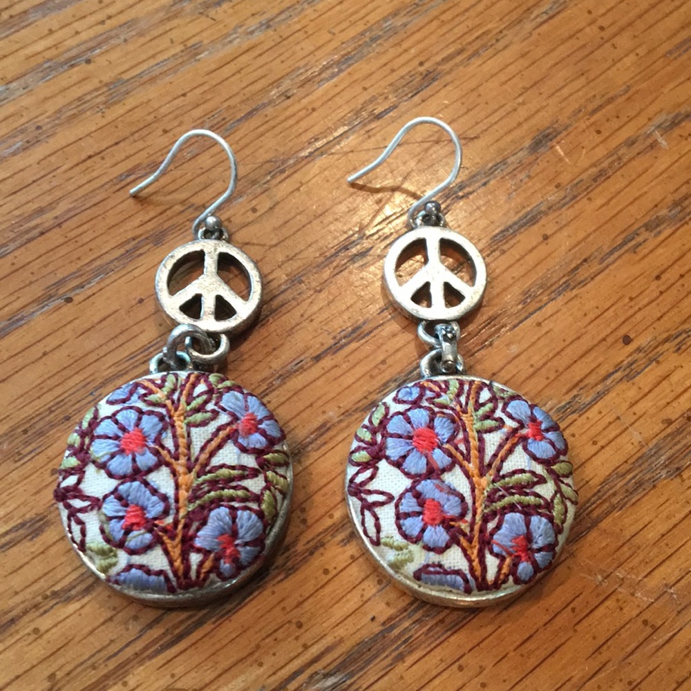 Lucky Brand Blue Floral Embroidered Peace Sign Dangle Earrings